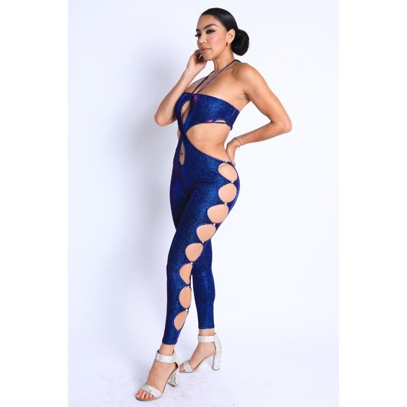 Women's Sleeveless Glittery Cutout Halter Neck Keyhole Sexy Party Jumpsuit - Picture 8 of 10
